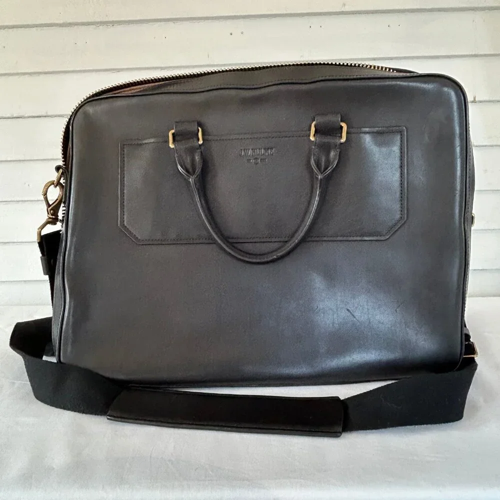 Vintage J.W. Hulme Leather Briefcase Organizer Bag Black Leather Bag Dual Handle